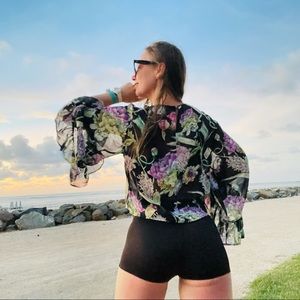 H&M Floral Bird Tutu Ruffle Statement Sleeve Top
